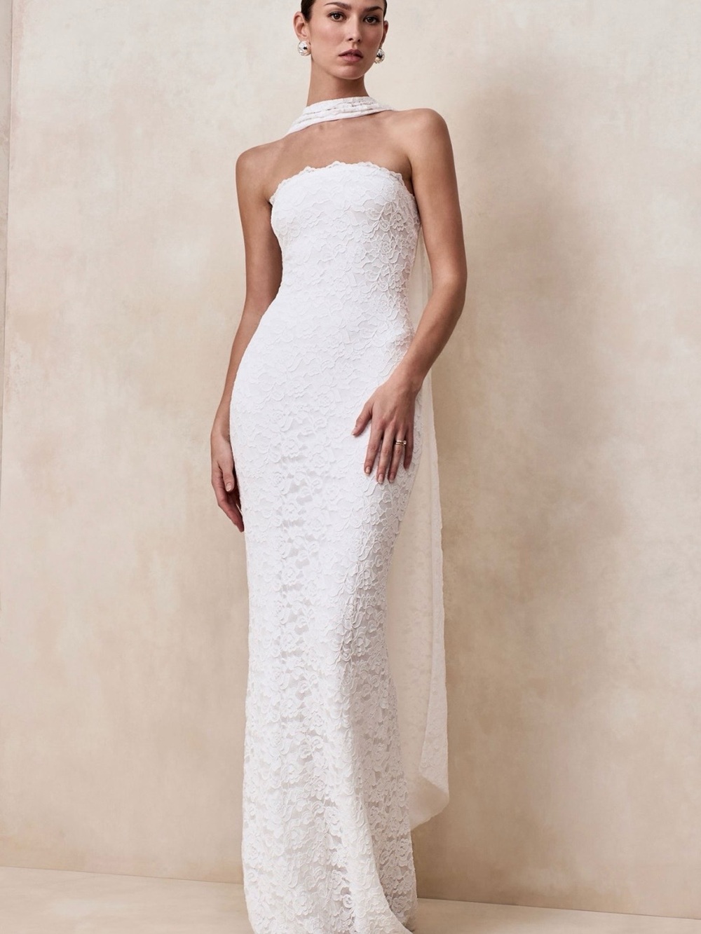 Strapless Lace Column Wedding Dress with Choker - White